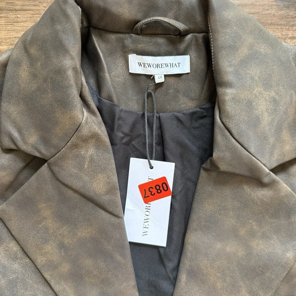 NWT WeWoreWhat Size Large Patina Cropped Blazer Brown Faux Vegan Leather Revolve